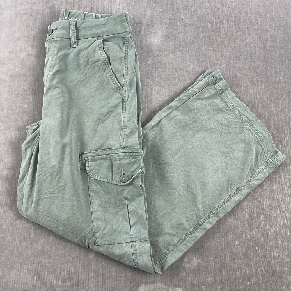 American Eagle Women 2 Green Cargo Pants‎ Wide Leg Utility Y2K
